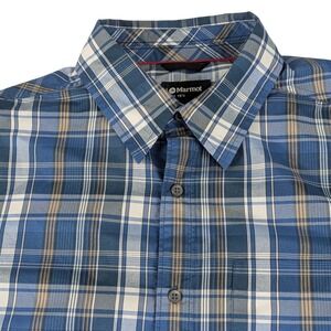 Marmot Mens Large Blue Plaid Short Sleeve Button Down Hiking Shirt Pocket Logo